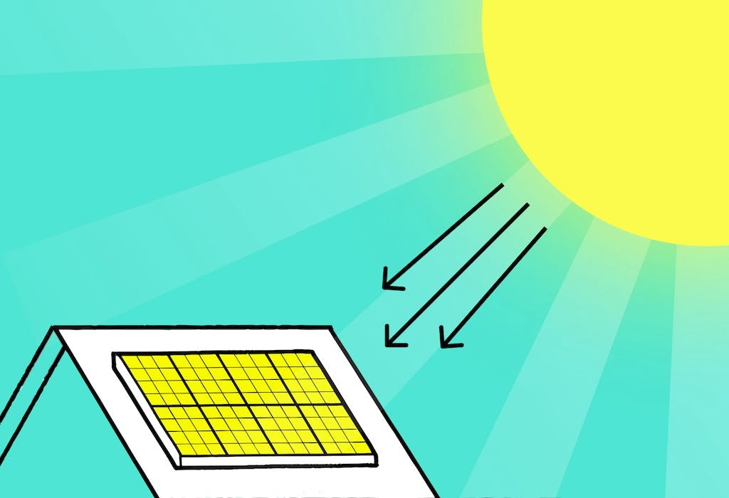 Cartoon sun shining down on a house with solar panels, turquoise background.