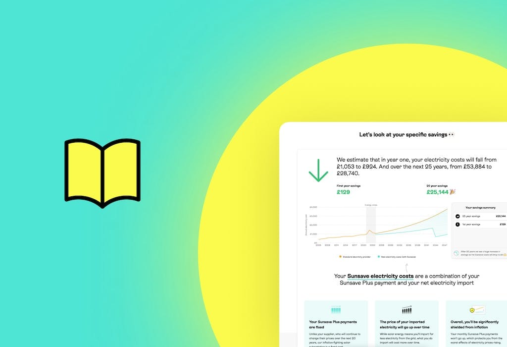 A screenshot of a Sunsave Plus proposal in the bottom right, surrounded by a yellow sun and a turquoise background. Cartoon yellow book to the left
