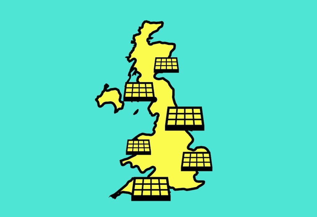 Yellow cartoon map of the UK with solar panel icons dotted around it, turquoise background