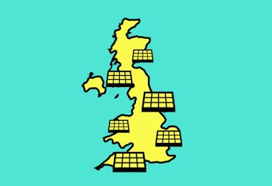 Yellow cartoon map of the UK with solar panel icons dotted around it, turquoise background
