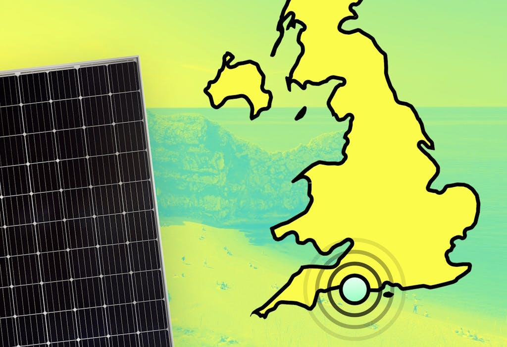 A graphic that has a map of the United Kingdom with concentric circles originating from Dorset on the right, and a photo of a black solar panel on the left. The UK is yellow and outlined in black, and the background of the image is a photo of a Dorset beach