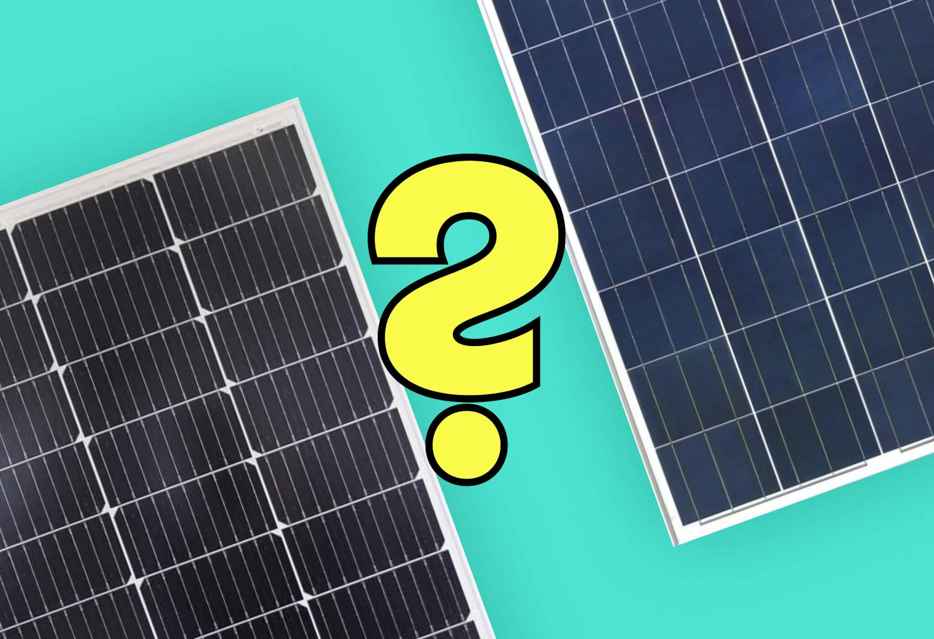A monocrystalline solar panel next to a polycrystalline solar panel with a yellow question mark in the middle