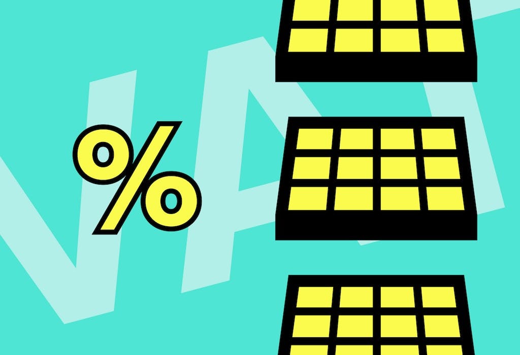 Three yellow cartoon solar panels in a column on the right hand side, a cartoon yellow % symbol on the left