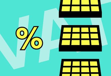 Three yellow cartoon solar panels in a column on the right hand side, a cartoon yellow % symbol on the left