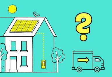 A cartoon house with solar panels on the roof, a relocations van to the right, a yellow question mark above it, turquoise background