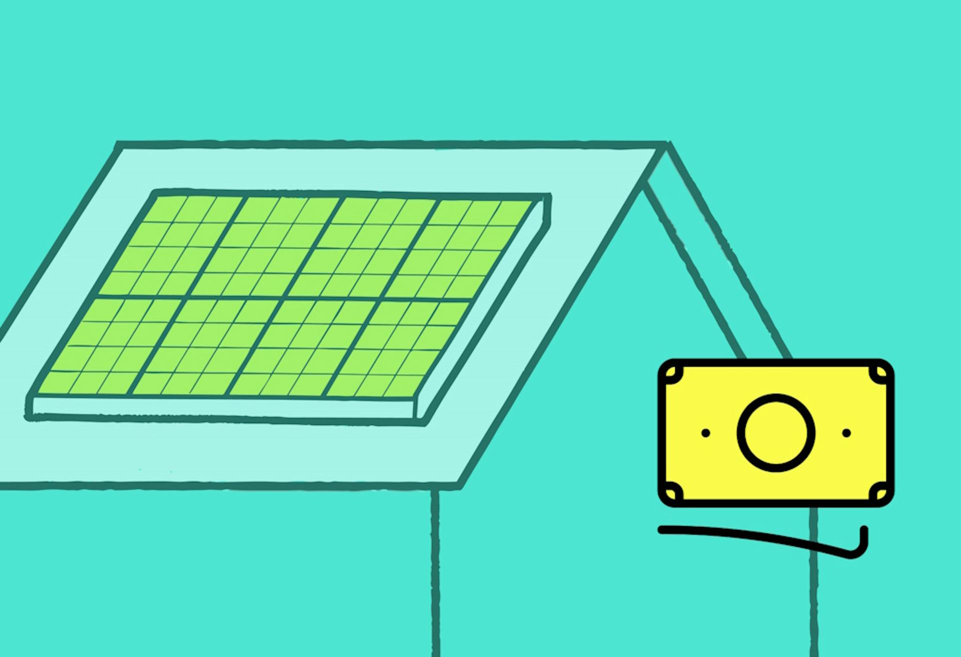 A cartoon of a yellow banknote next to a house with yellow solar panels, against an aquamarine background