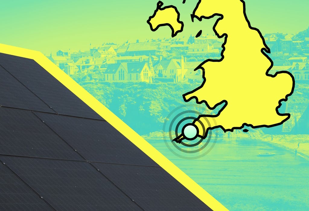 A graphic that has a cut-off map of the United Kingdom with concentric circles originating from Cornwall on the right, and a photo of a black solar panel on the right, outlined in yellow. The UK is yellow and outlined in black, and the background of the image is a photo of a Cornwall coastline