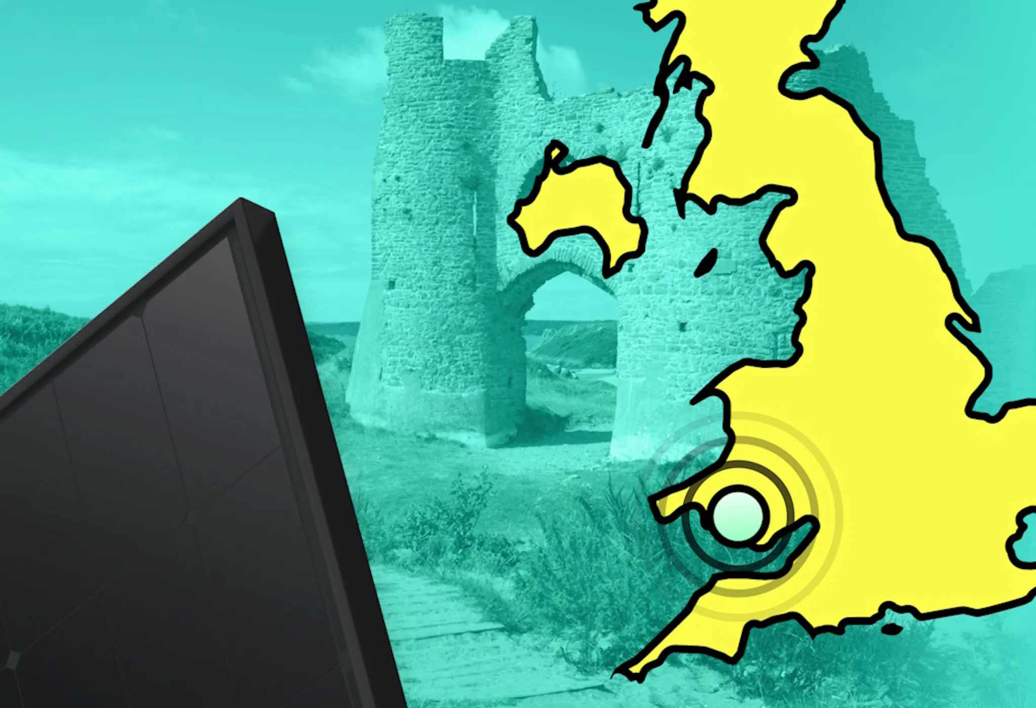 A yellow map of the UK with a circle over Swansea, next to a black solar panel and against an aquamarine background and a Swansea landscape