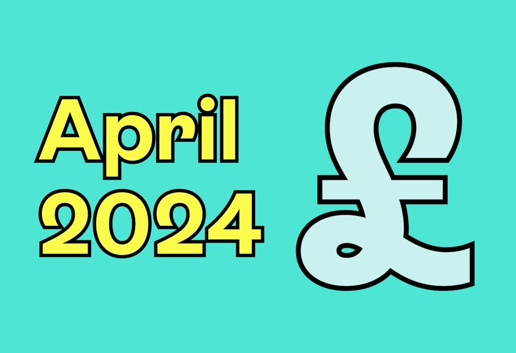 The phrase 'April 2024' in yellow with a black outline on the left, next to a large pound sign in blue with a black outline on the right, both set against a filled-in aquamarine background