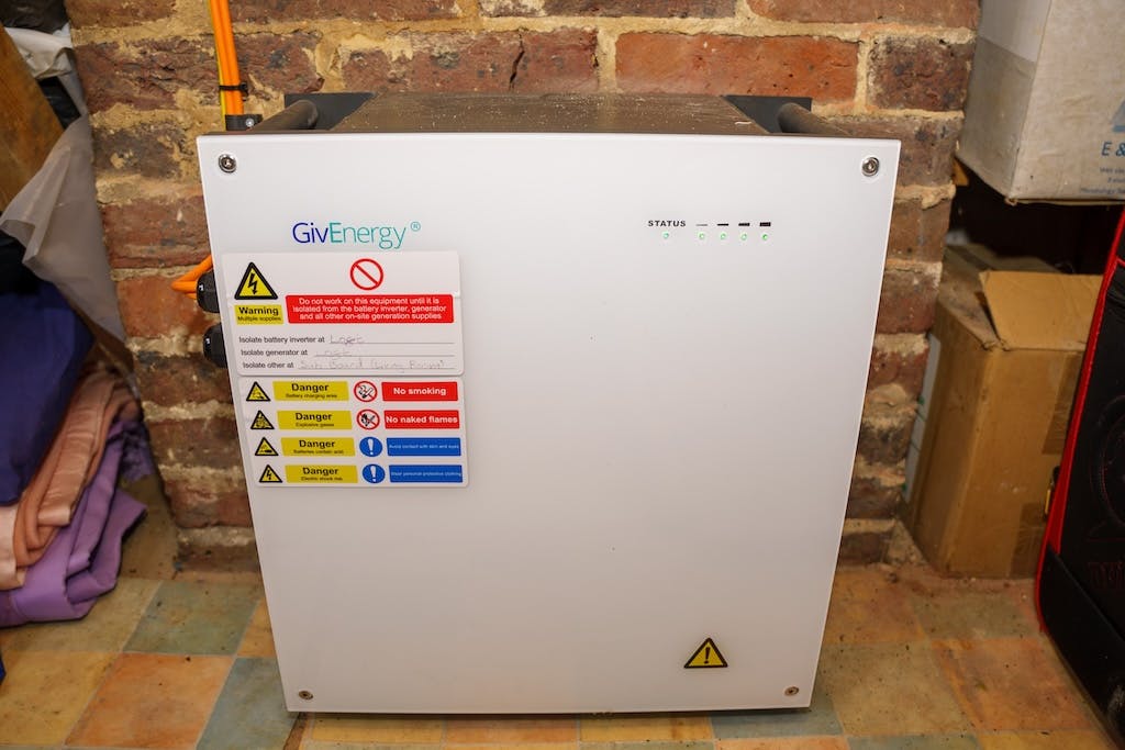 Close-up shot of a GivEnergy storage battery in a garage