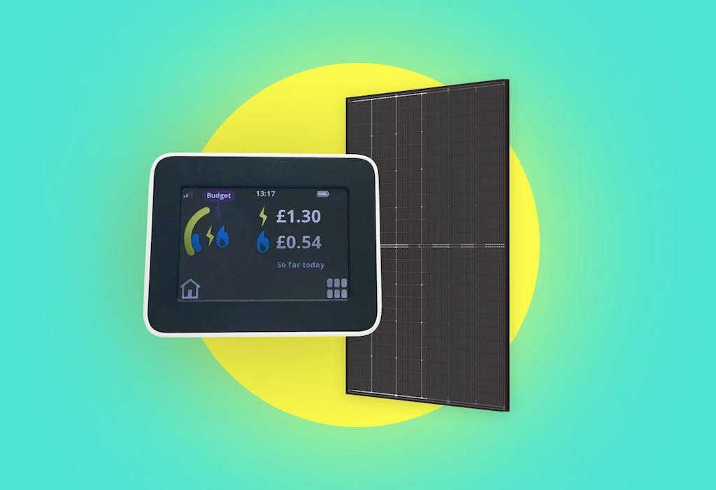 A smart meter next to a black solar panel, a cartoon yellow sun behind it, turquoise background