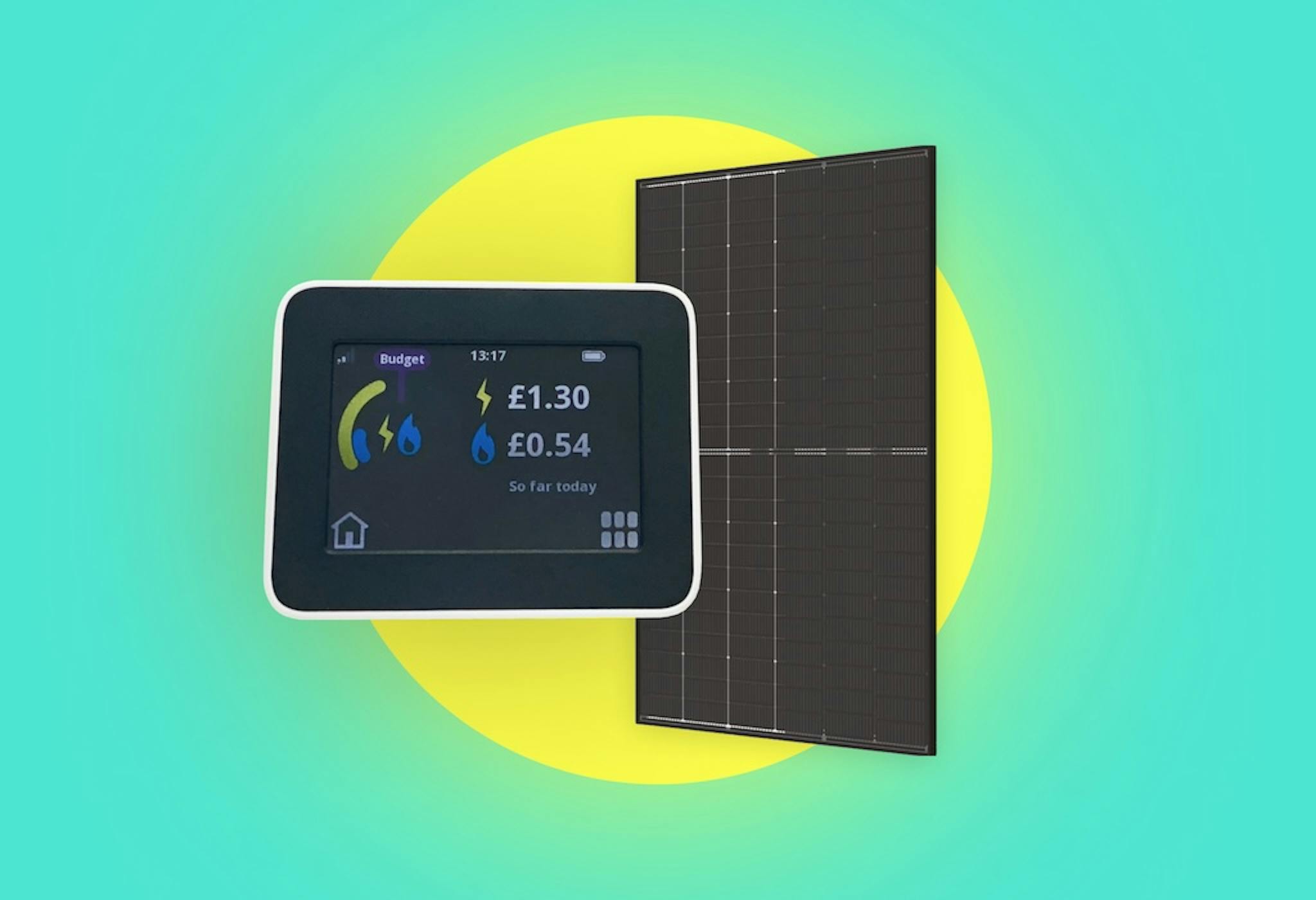 A smart meter next to a black solar panel, a cartoon yellow sun behind it, turquoise background