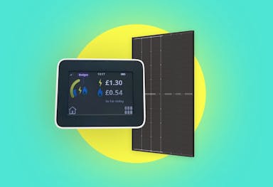 A smart meter next to a black solar panel, a cartoon yellow sun behind it, turquoise background