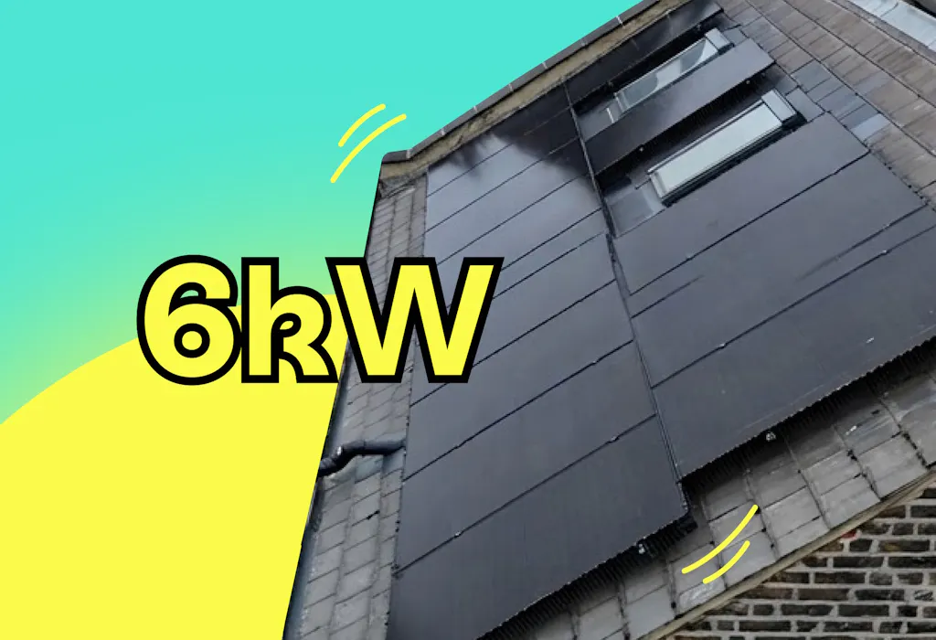 '6kW' in yellow, outlined in black, over an image of black solar panels on a grey roof, against an aquamarine and yellow background