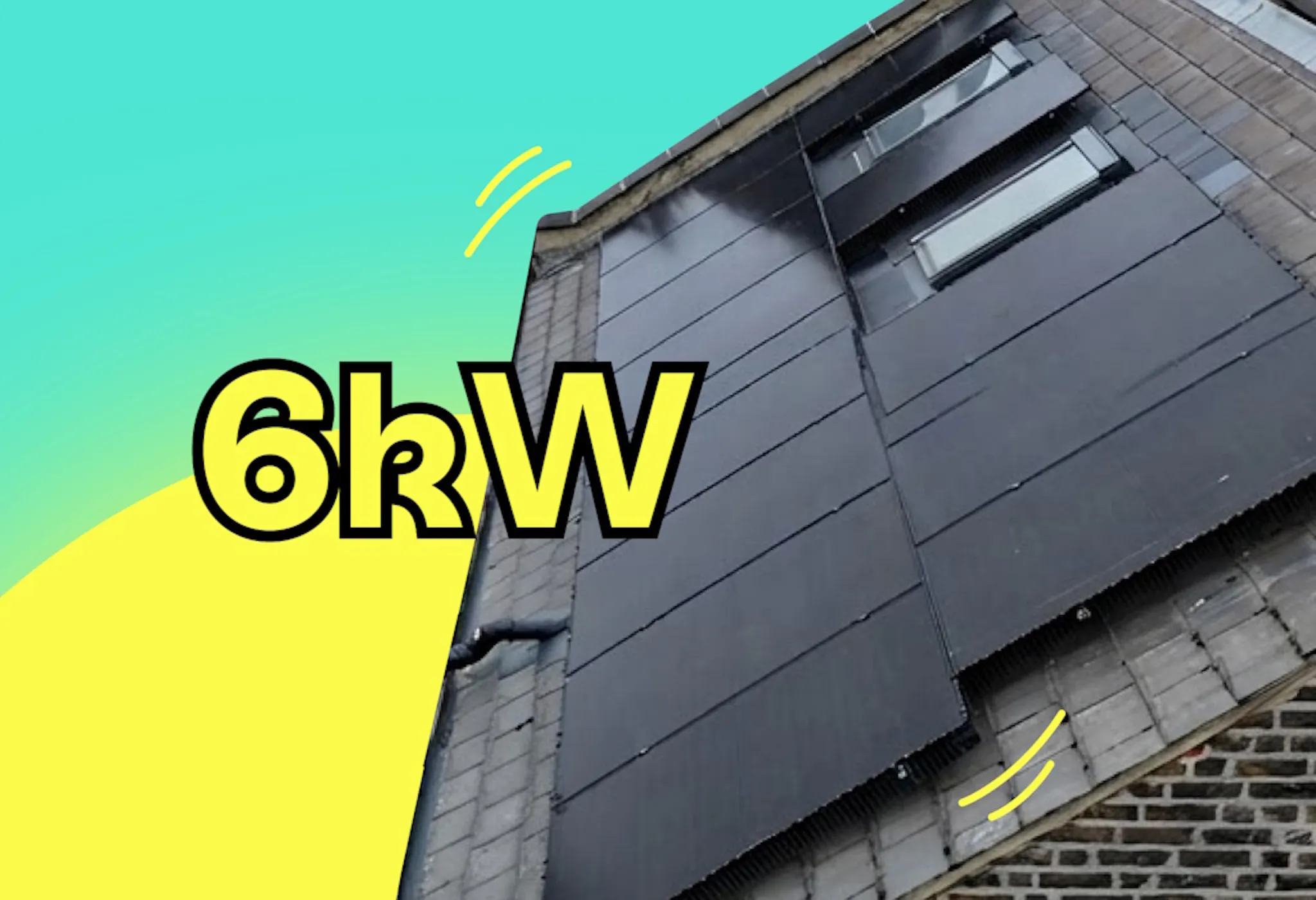 '6kW' in yellow, outlined in black, over an image of black solar panels on a grey roof, against an aquamarine and yellow background