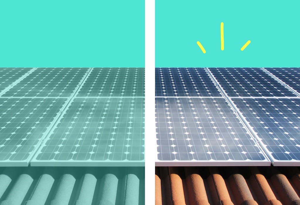 Close up shot of solar panels on a rooftop, a white line down the middle. The left side has faded colours, but the right side is bright and colourful