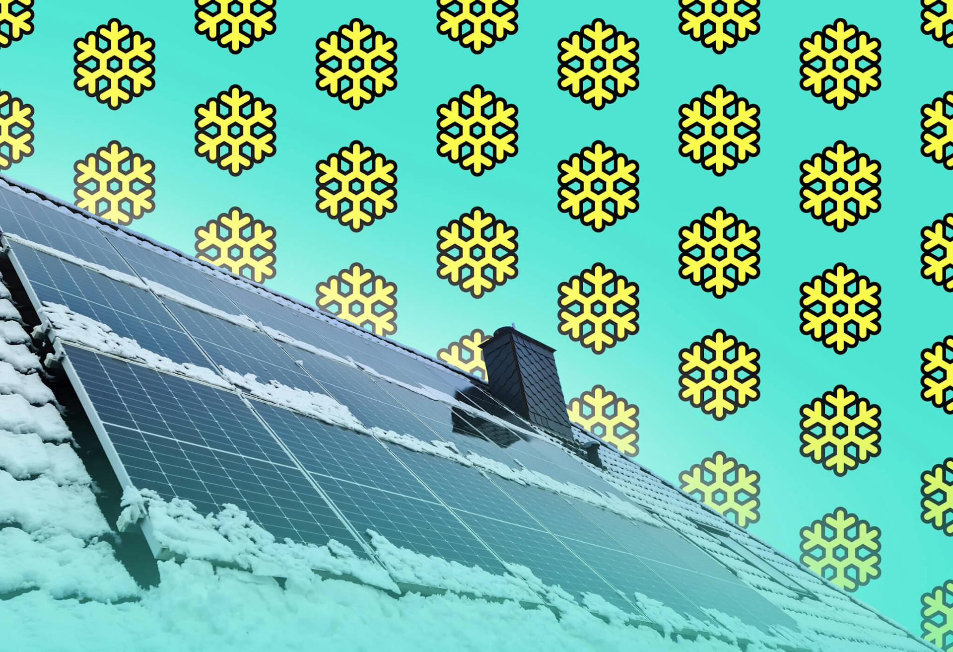 Snow on a rooftop solar panel system, yellow cartoon snowflakes in the background