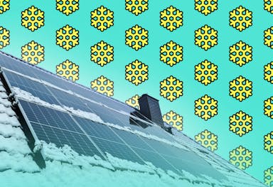 Snow on a rooftop solar panel system, yellow cartoon snowflakes in the background