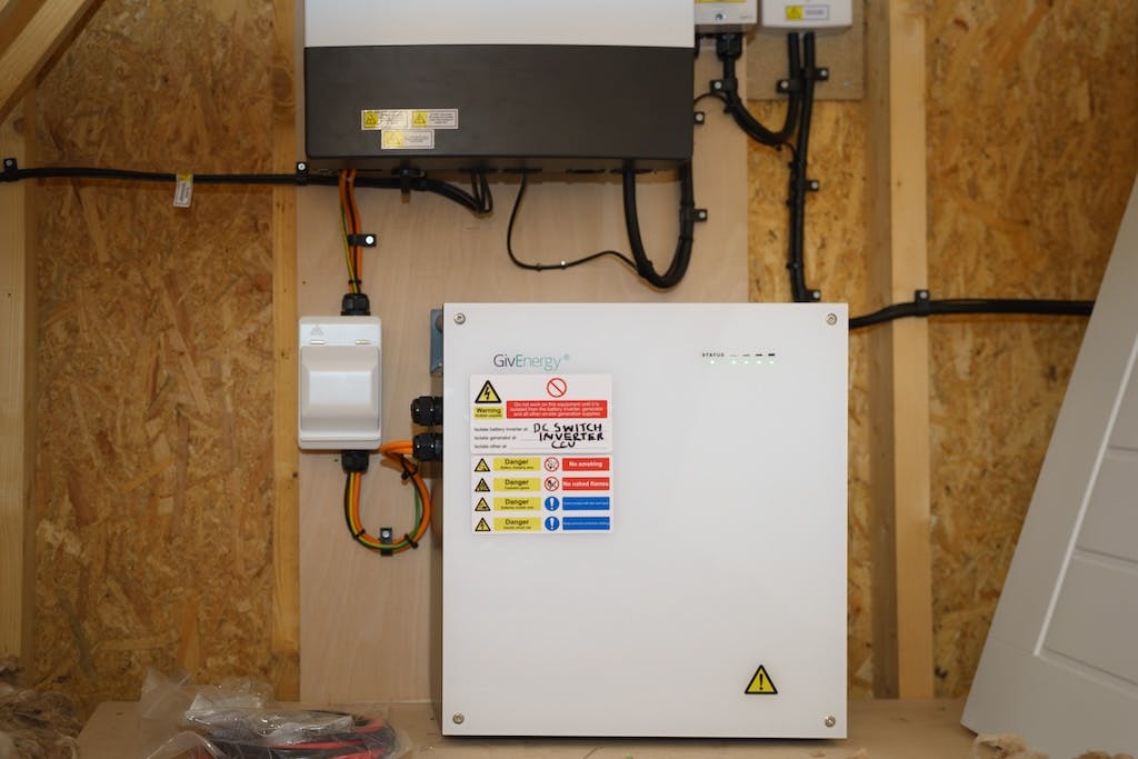 A GivEnergy storage battery located in an attic
