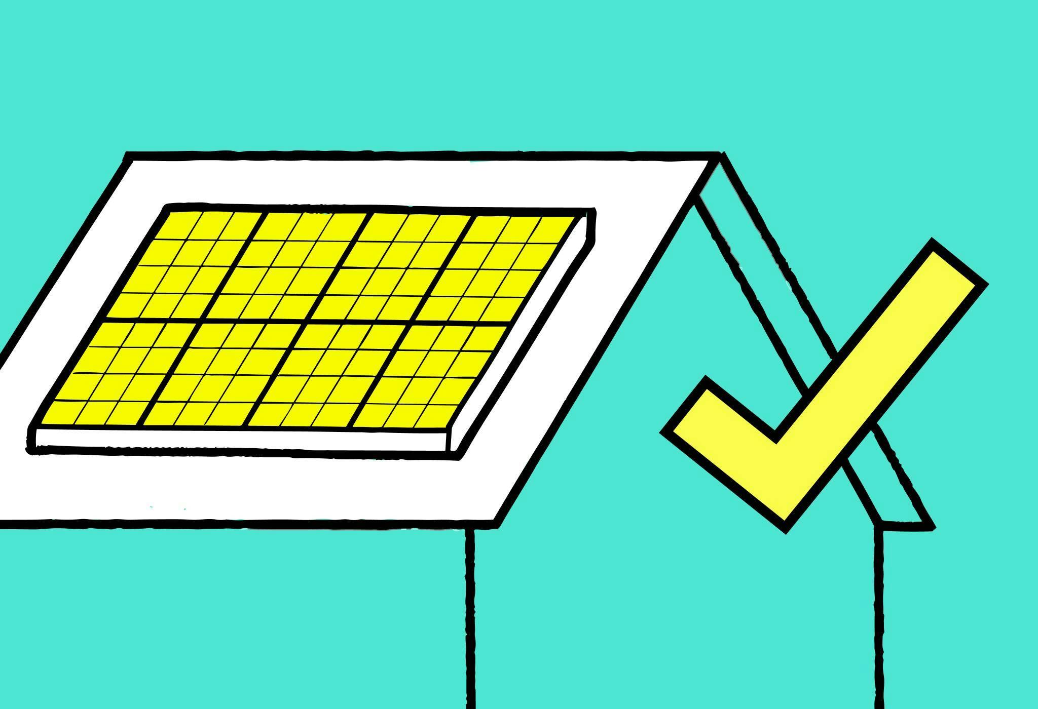 Illustration of roof with solar panels and large tick