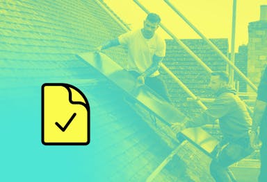 Installers putting a solar panel on a roof against a yellow background, with a cartoon yellow piece of paper in the bottom left corner