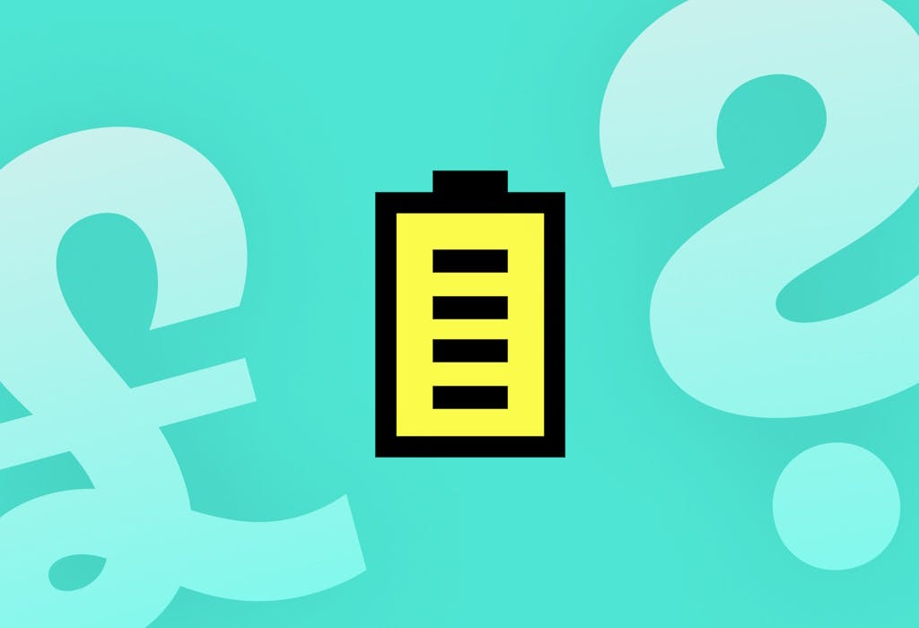 A graphic of a battery in yellow, outlined in black, against an aquamarine background with a large, light-blue question mark on the right and pound sign on the left