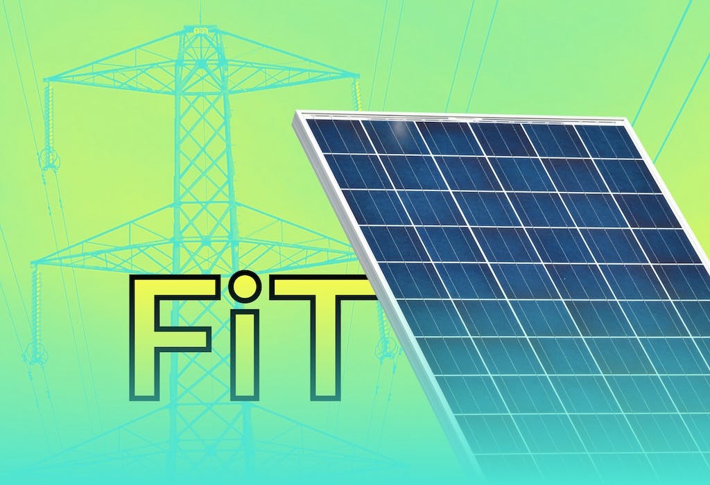 A blue polycrystalline solar panel with the yellow letters 'FiT' next to it, and an electricity pylon in the background