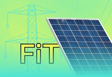 A blue polycrystalline solar panel with the yellow letters 'FiT' next to it, and an electricity pylon in the background