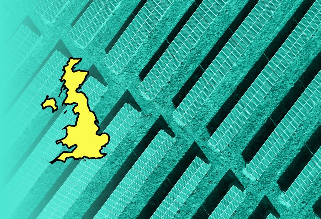 A yellow graphic of a map of the UK, outlined in black, set against a bird's-eye view of solar panels lined up on grass, coloured in aquamarine