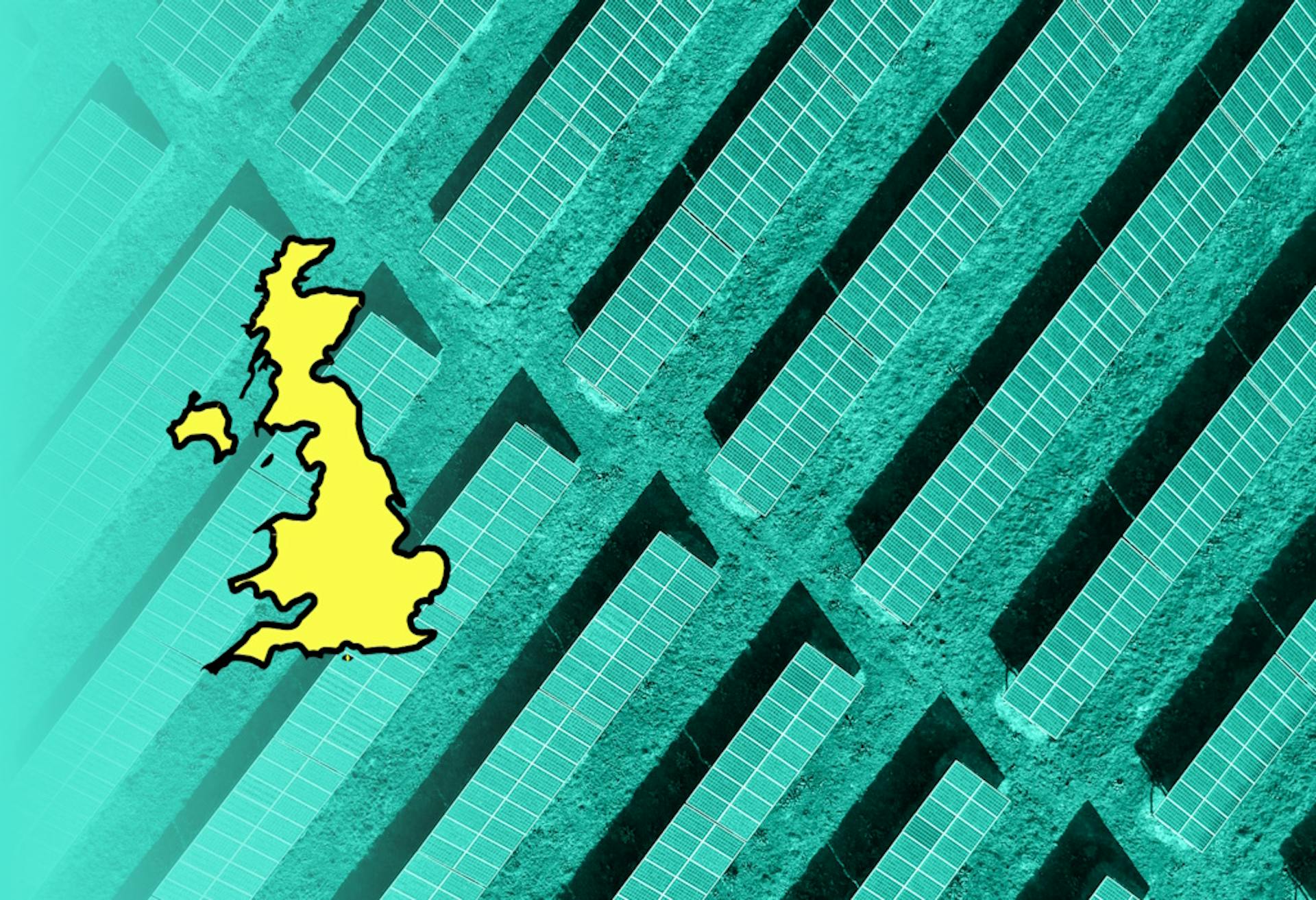 A yellow graphic of a map of the UK, outlined in black, set against a bird's-eye view of solar panels lined up on grass, coloured in aquamarine
