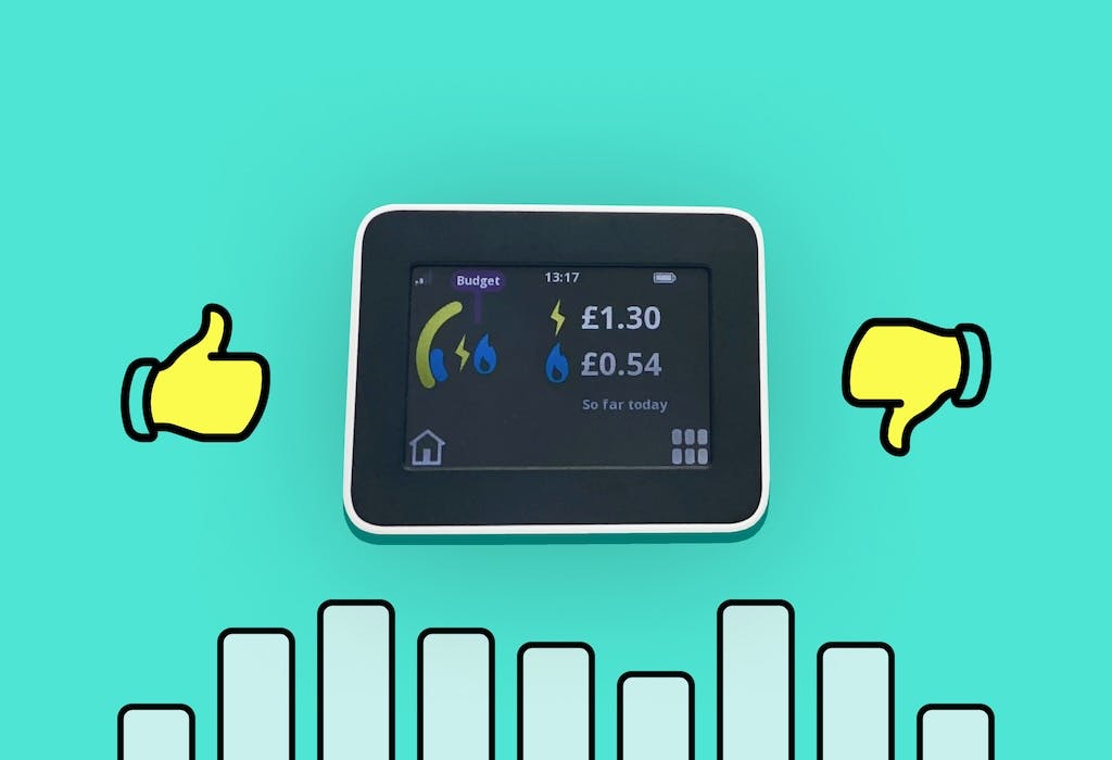 A smart meter with a yellow thumbs up to the left and a yellow thumbs down to the right, abstract bar chart underneath, turquoise background