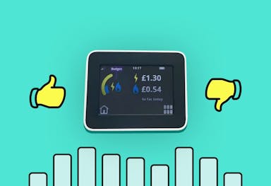 A smart meter with a yellow thumbs up to the left and a yellow thumbs down to the right, abstract bar chart underneath, turquoise background