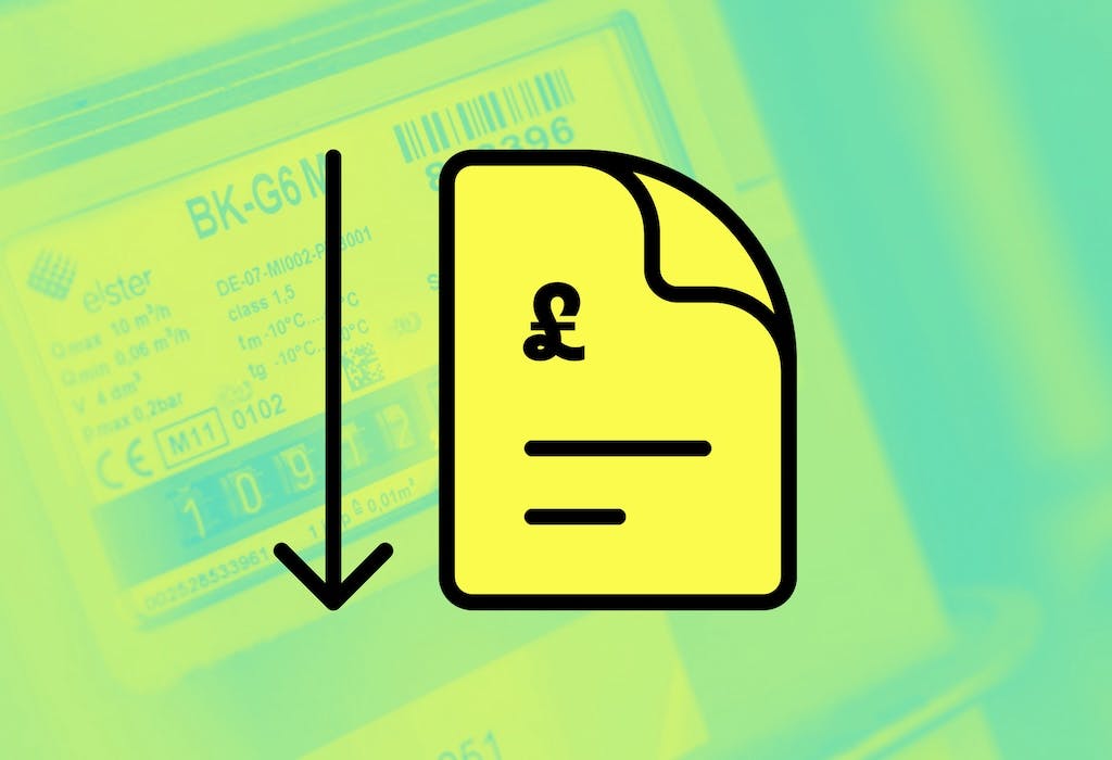 A cartoon yellow energy bill with a black downwards arrow next to it, and a smart meter in the background with a light green filter over it