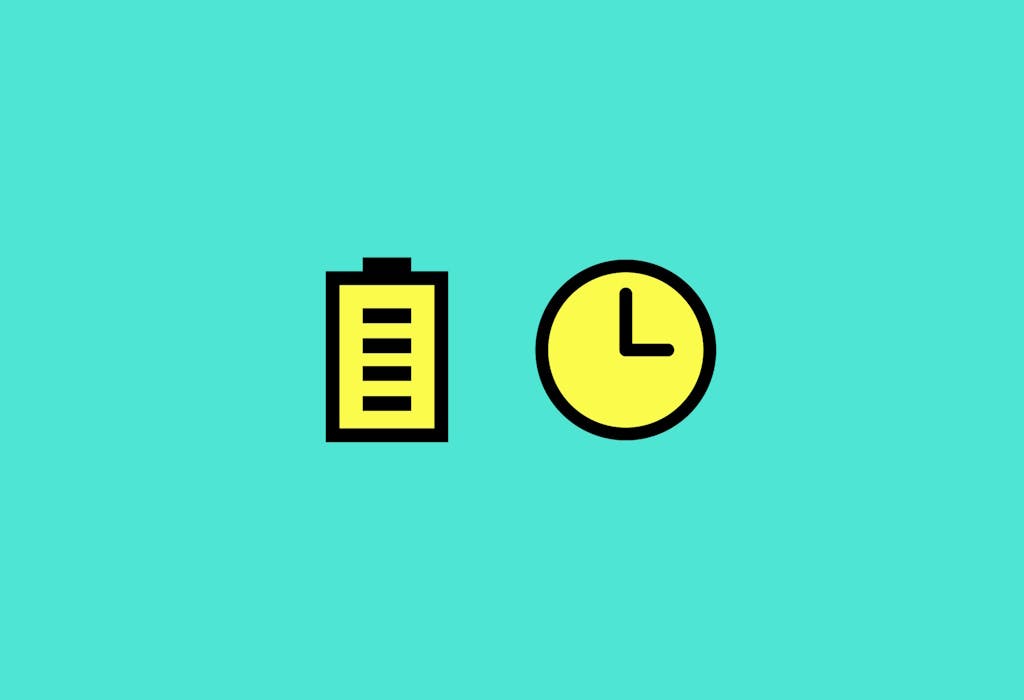 A graphic representation of a battery in yellow with a black outline on the left, and a yellow clock with black outline and hands, both against an aquamarine background.