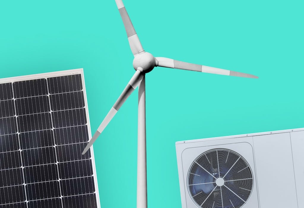 A black solar panel, a wind turbine, and an air source heat pump (with a turquoise background)