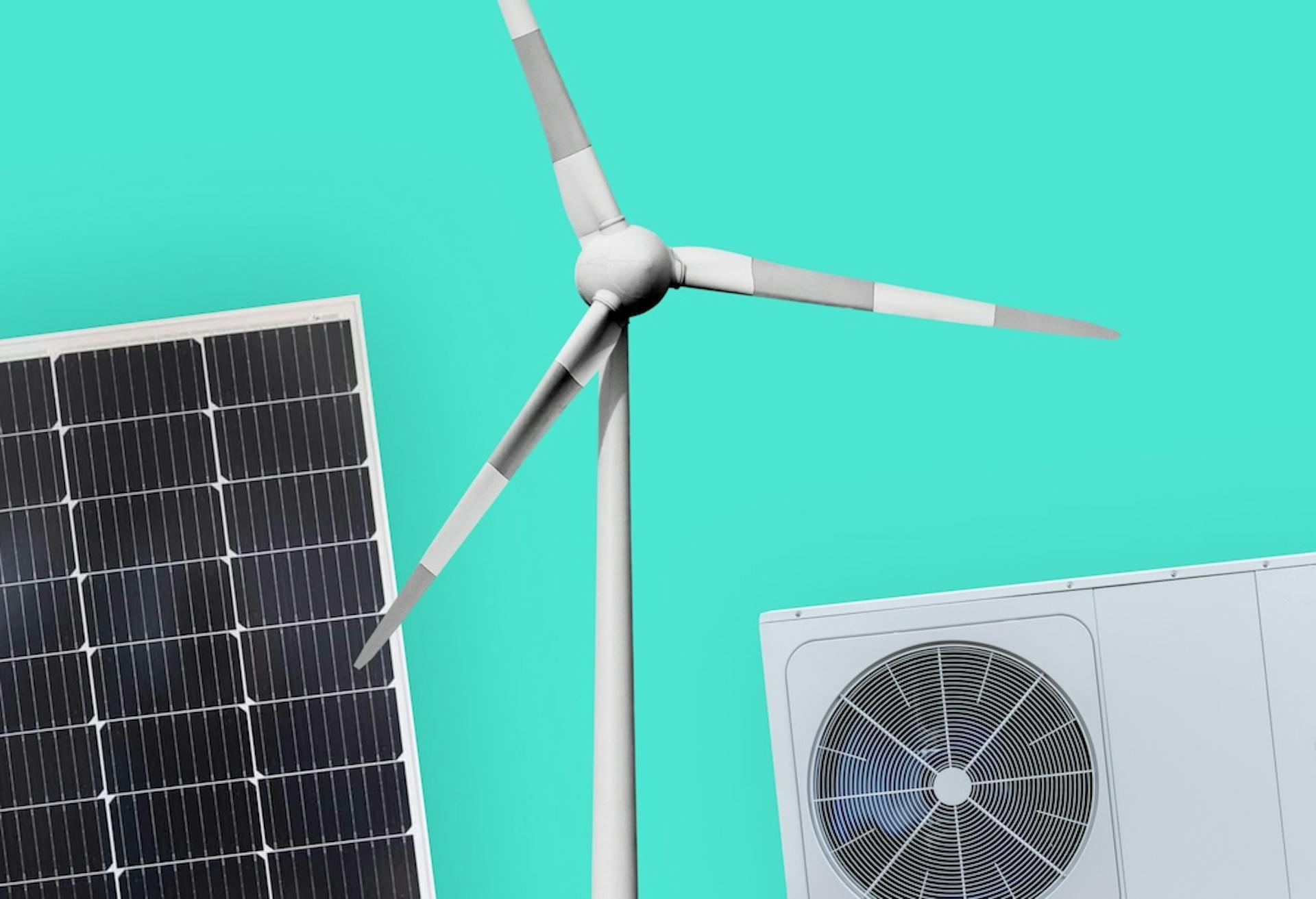 A black solar panel, a wind turbine, and an air source heat pump (with a turquoise background)