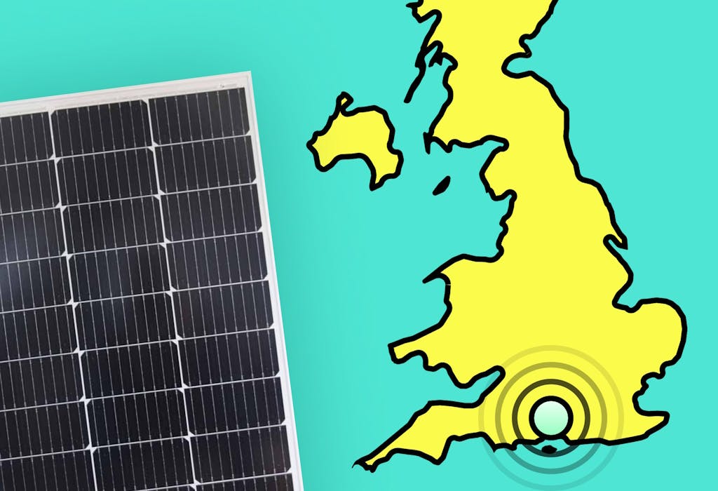 A graphic that has a map of the United Kingdom with concentric circles originating from Hampshire on the right, and a photo of a black solar panel on the right. The country is yellow and outlined in black, and the sea is blue