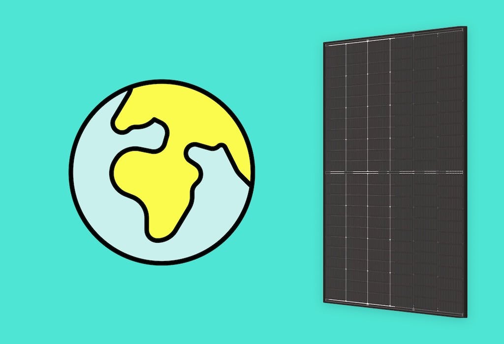 A cartoon globe with yellow countries, a black solar panel next to it, and a turquoise background