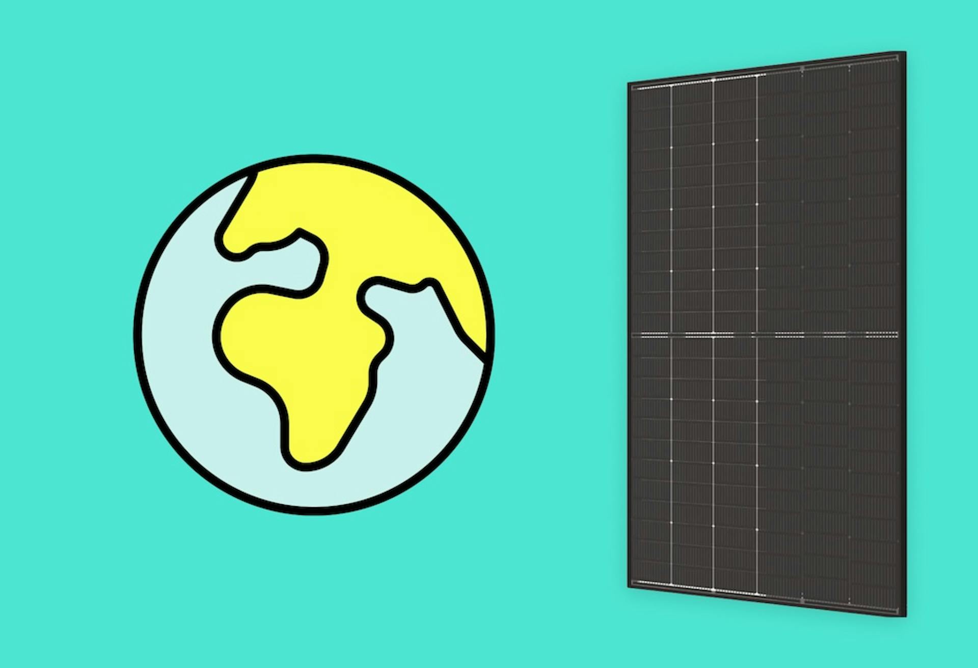 A cartoon globe with yellow countries, a black solar panel next to it, and a turquoise background