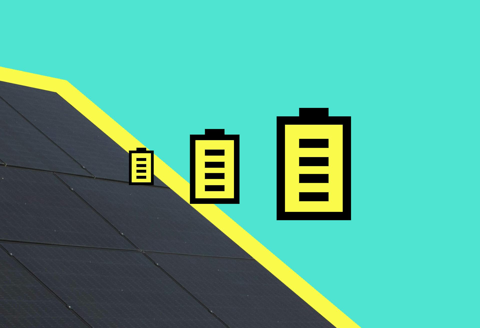 A black solar panel in the corner with a yellow outline, three cartoon solar batteries in the centre (of varying sizes)