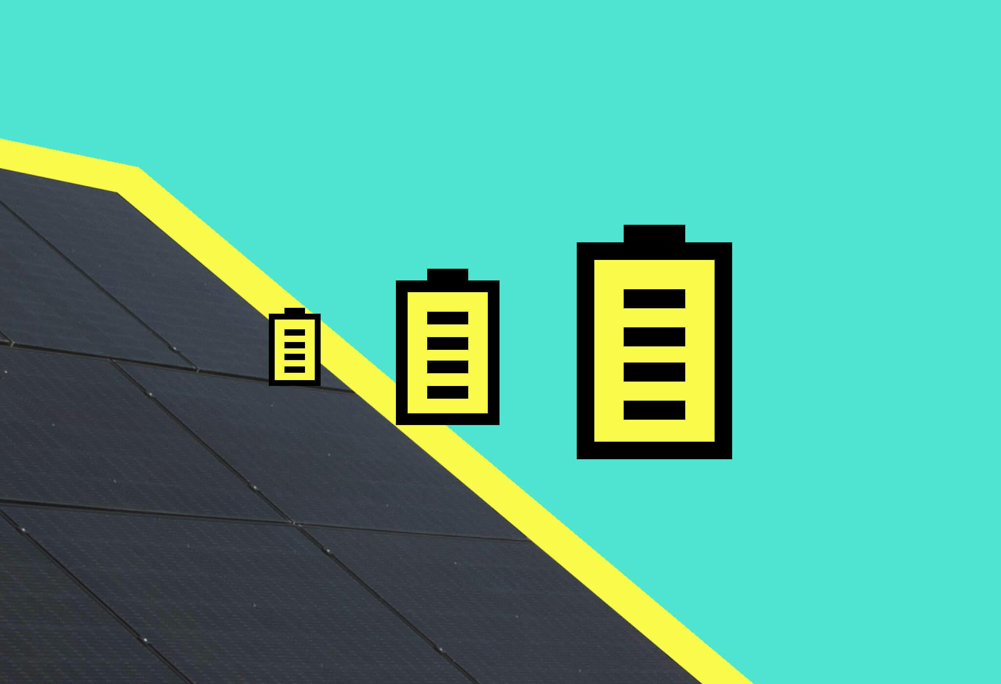 A black solar panel in the corner with a yellow outline, three cartoon solar batteries in the centre (of varying sizes)