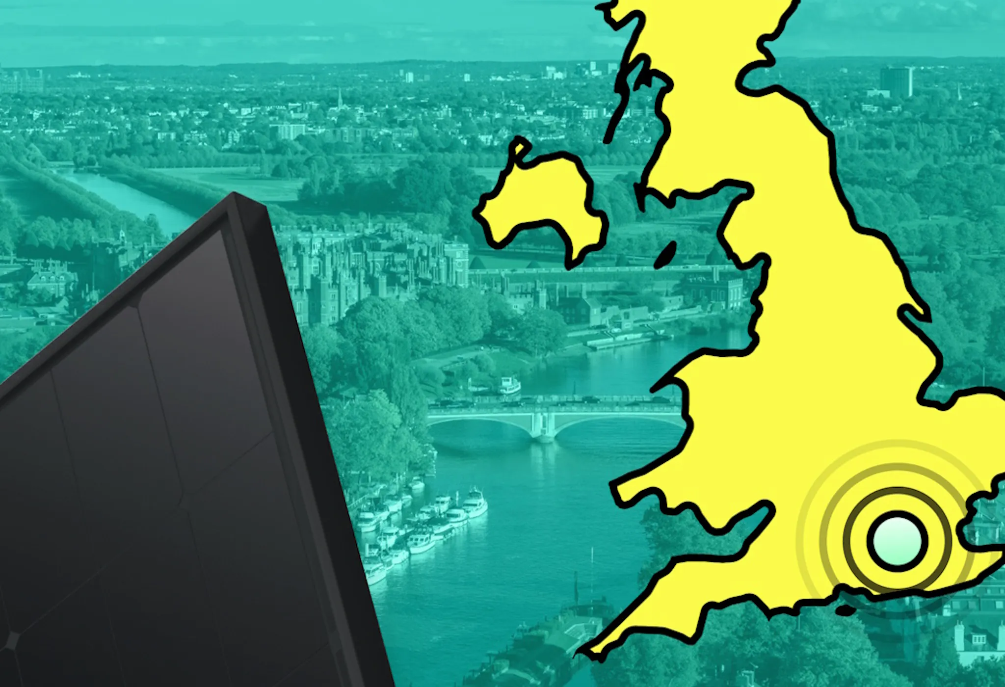 A yellow map of the UK with a circle over Surrey, next to a black solar panel and against an aquamarine background and a Surrey landscape