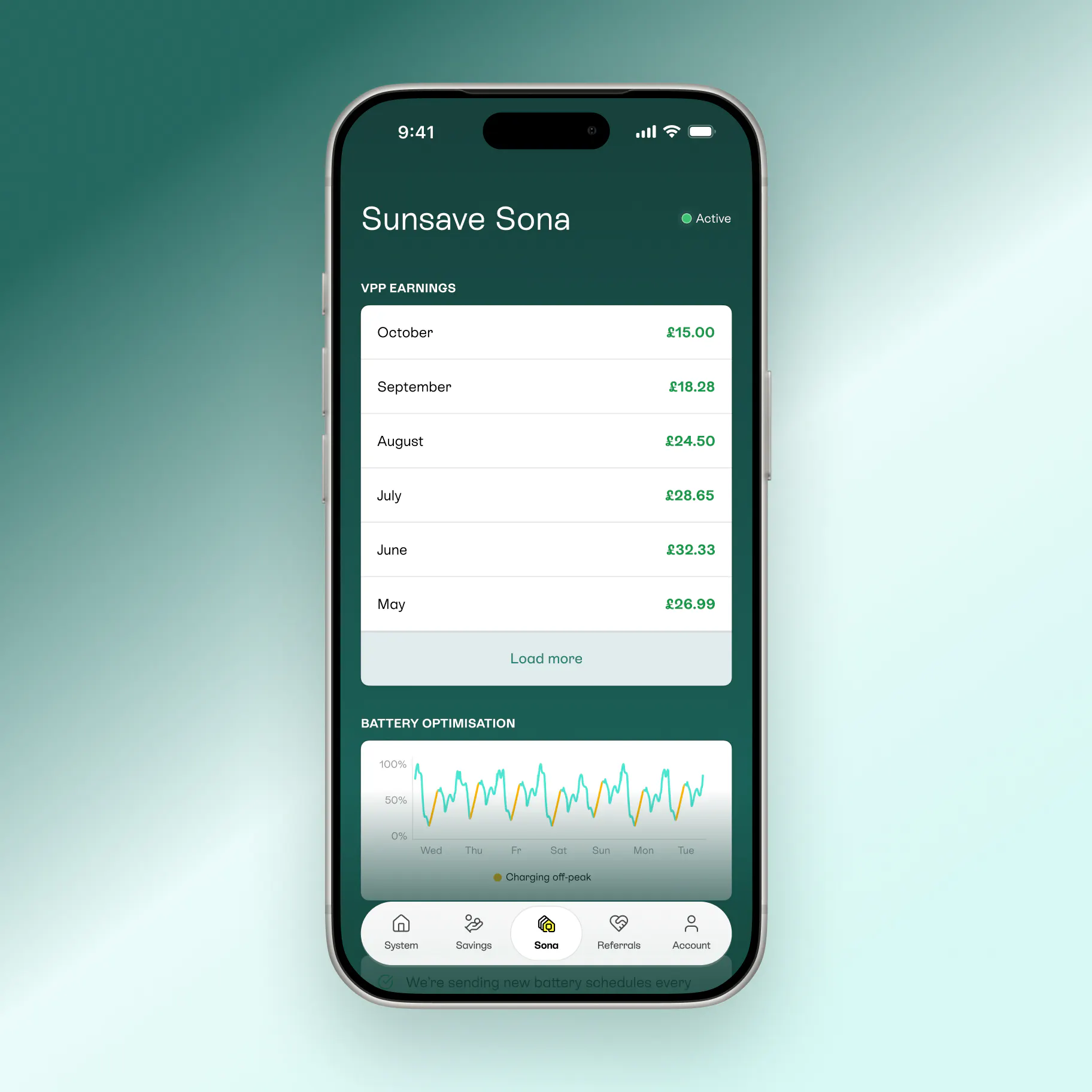 Sunsave Sona screenshot in Sunsave app, on teal background