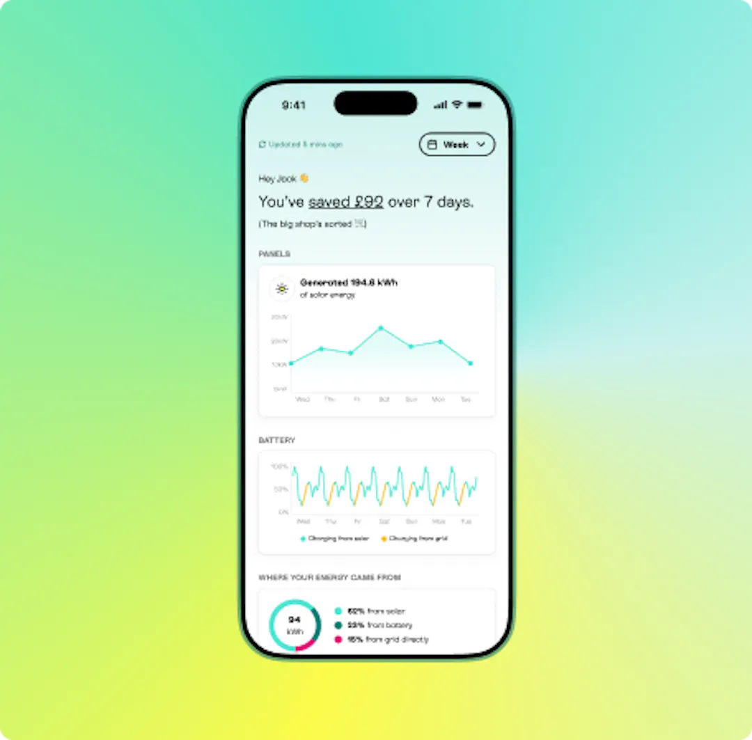 A screen from our app, showing savings and how much electricity a system has generated