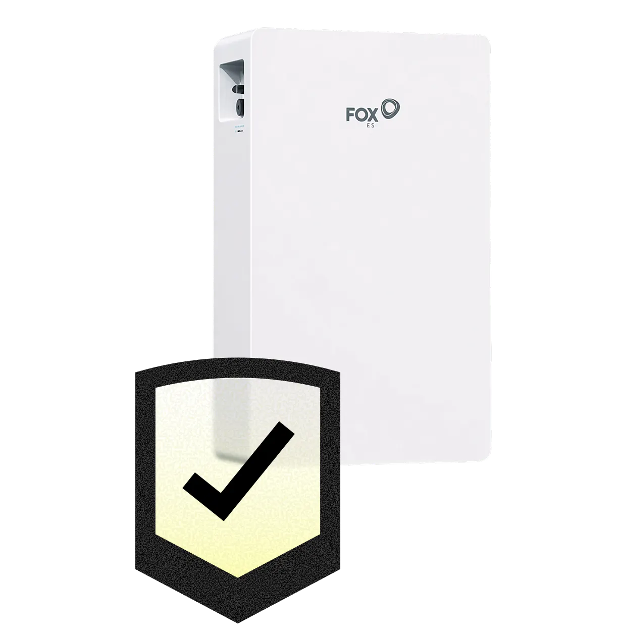 Photo of Fox battery, with shield icon with a tick on it