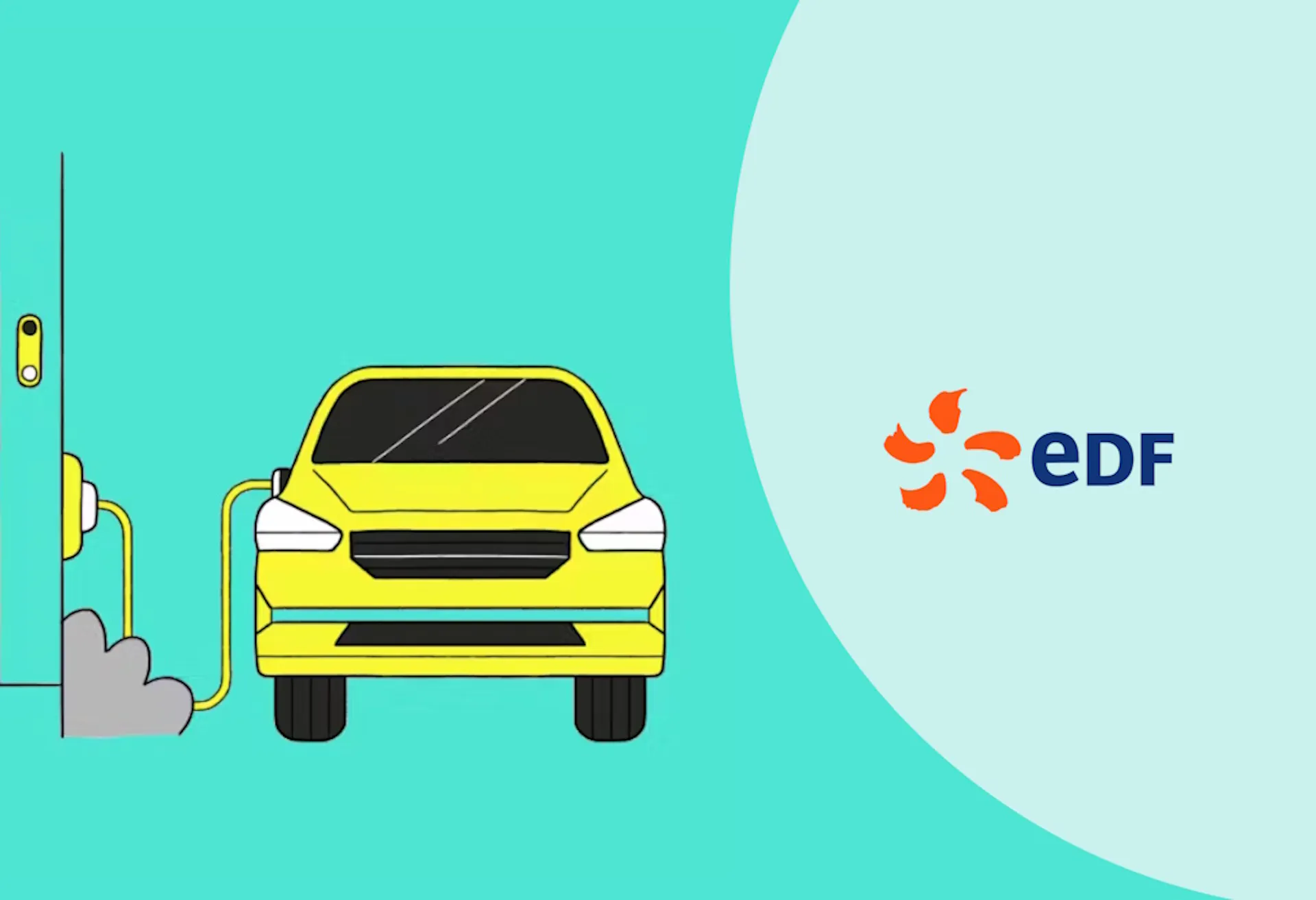 a graphic of a yellow car plugged into a wall-mounted EV charger, next to an EDF logo, all against an aquamarine background