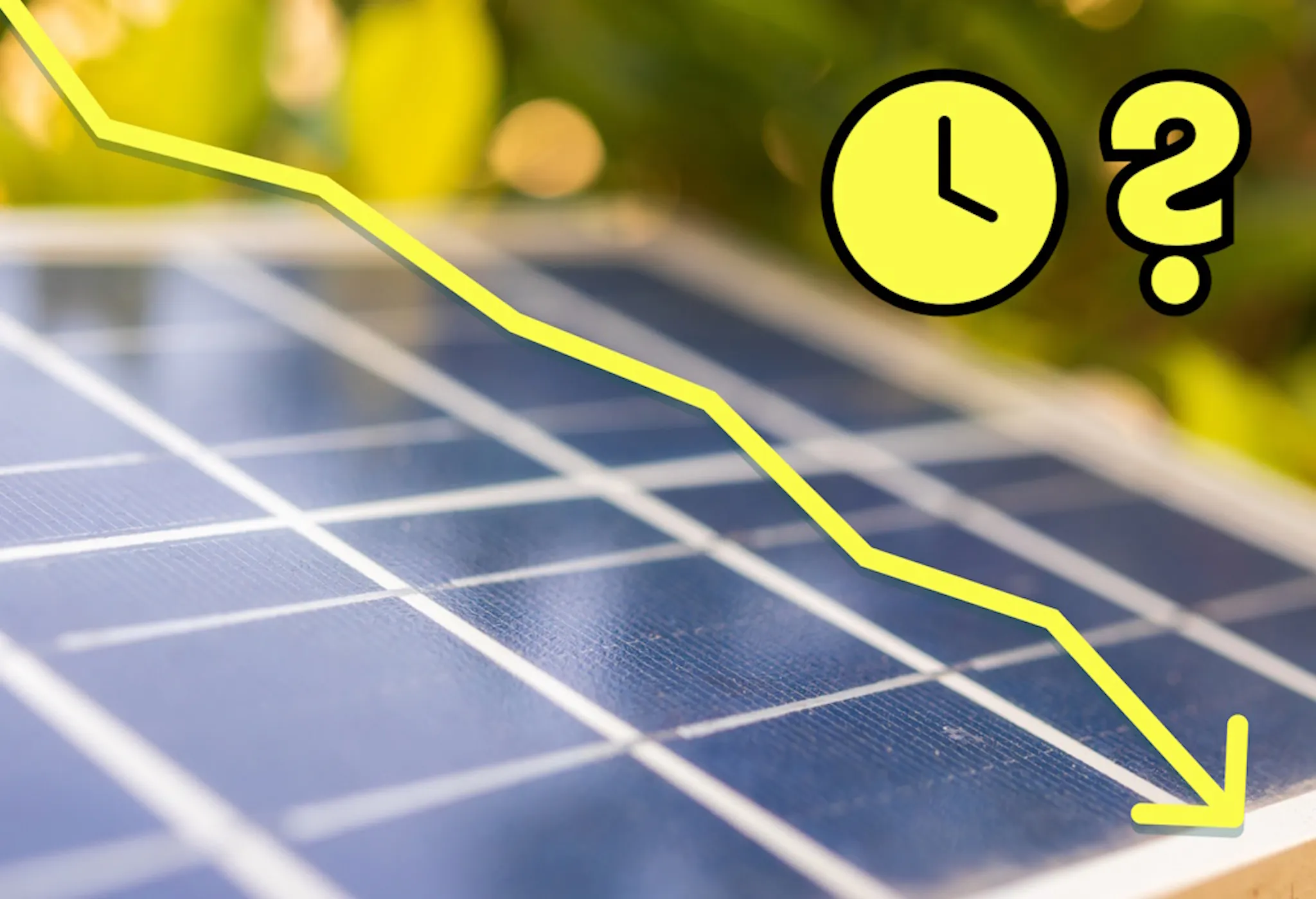 blue solar panels with an arrow going diagonally down across the image, and graphics of a yellow clock and question mark