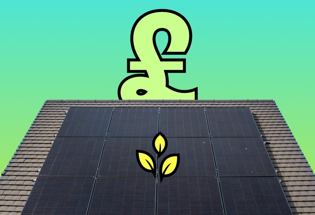 a graphic of a yellow pound sign above a grey roof with black solar panels and a yellow plant, against an aquamarine and yellow background