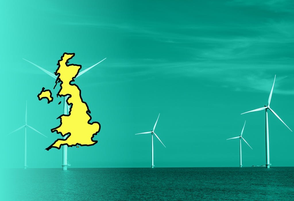 Offshore wind farm with teal filter overlaid, yellow map of UK on left hand side