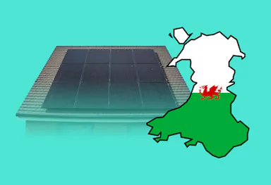 A roof with black solar panels and a map of Wales coloured in the Welsh flag, all against an aquamarine background